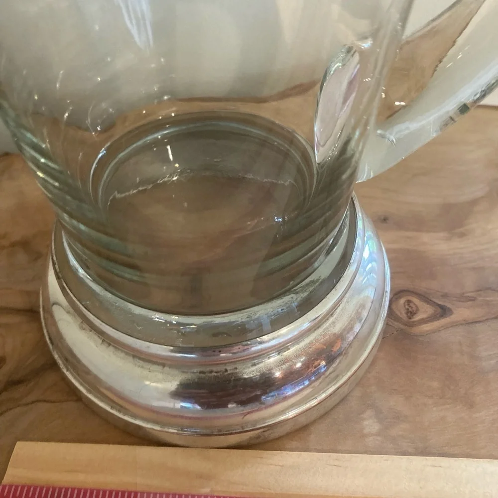 VTG MCM Clear Blown Glass Martini/Coctail Pitcher With Silver Base